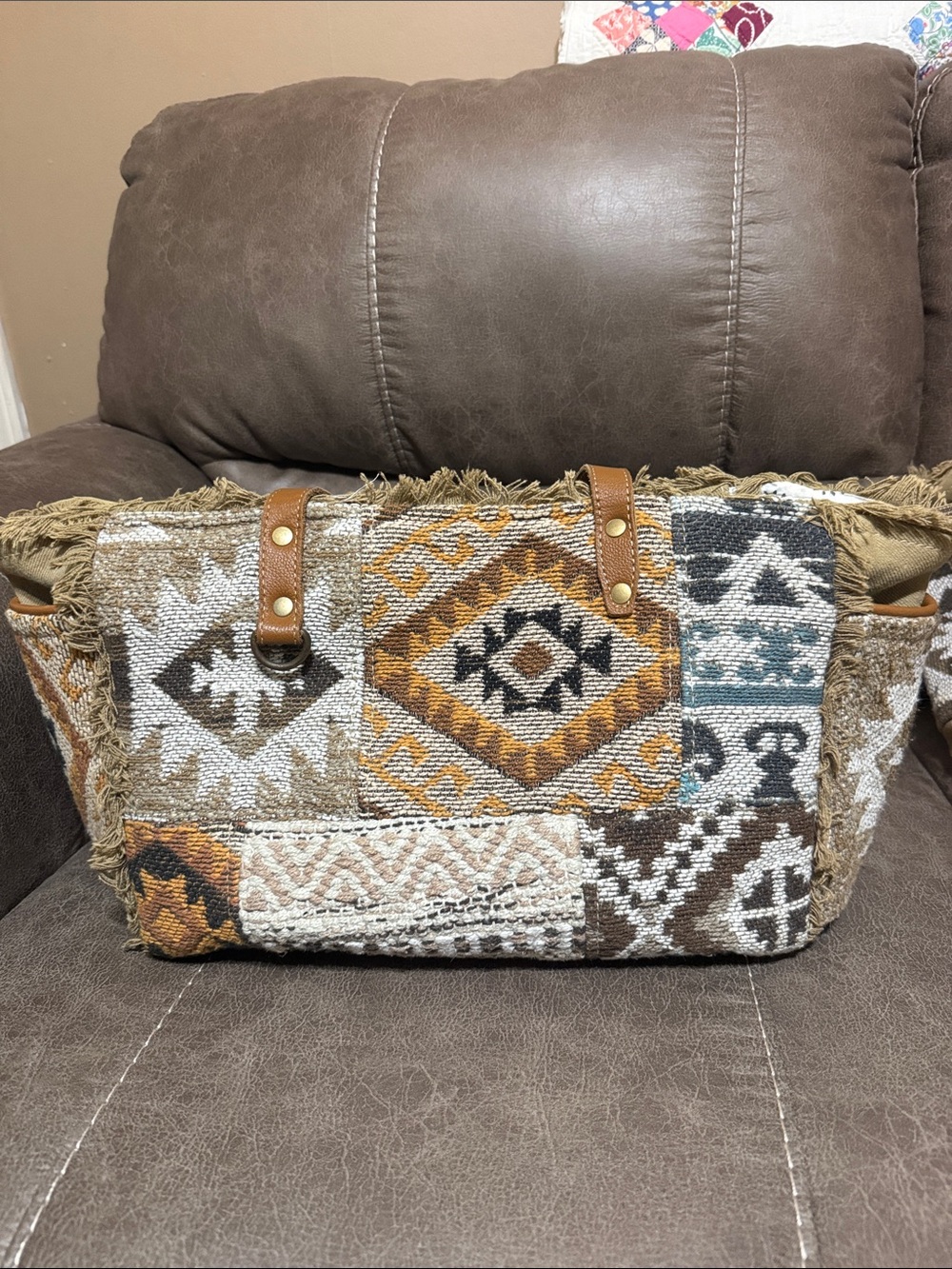 Myra Boho Aztec Pattern Fringe Tote Bag - Brown & Teal
